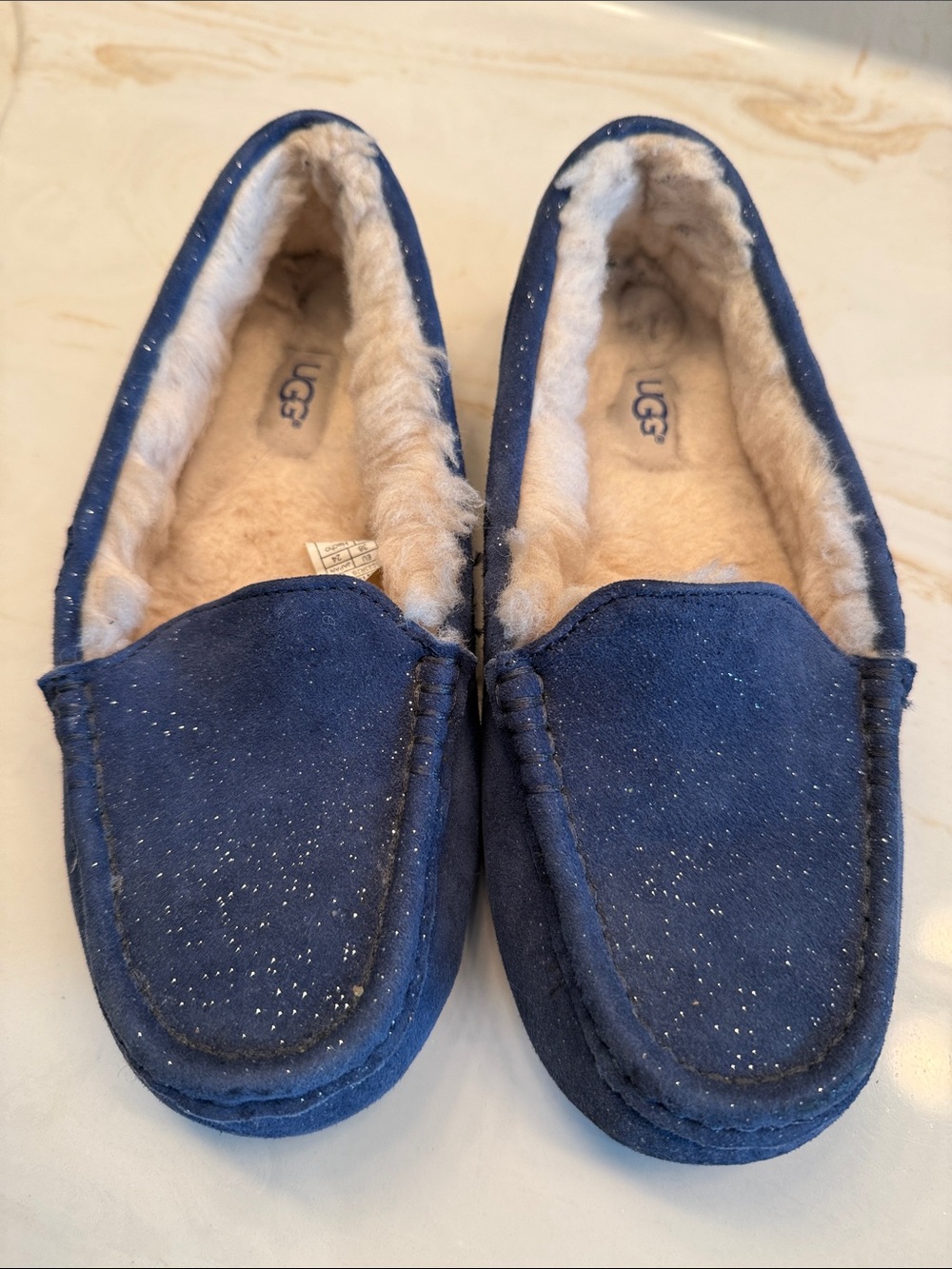UGG Women's Navy Suede Glitter Lined Slippers